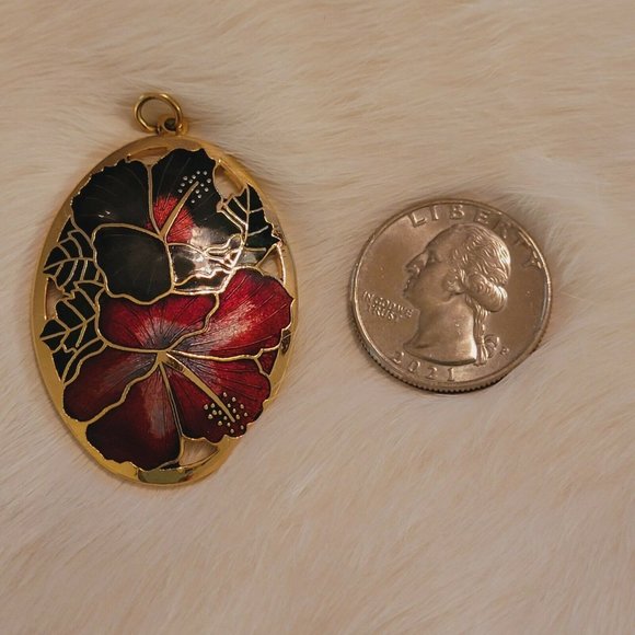 VINtage Enamel Flower Pendant Guilloche Oval Gold Tone Metal Large 6268 - Picture 5 of 6